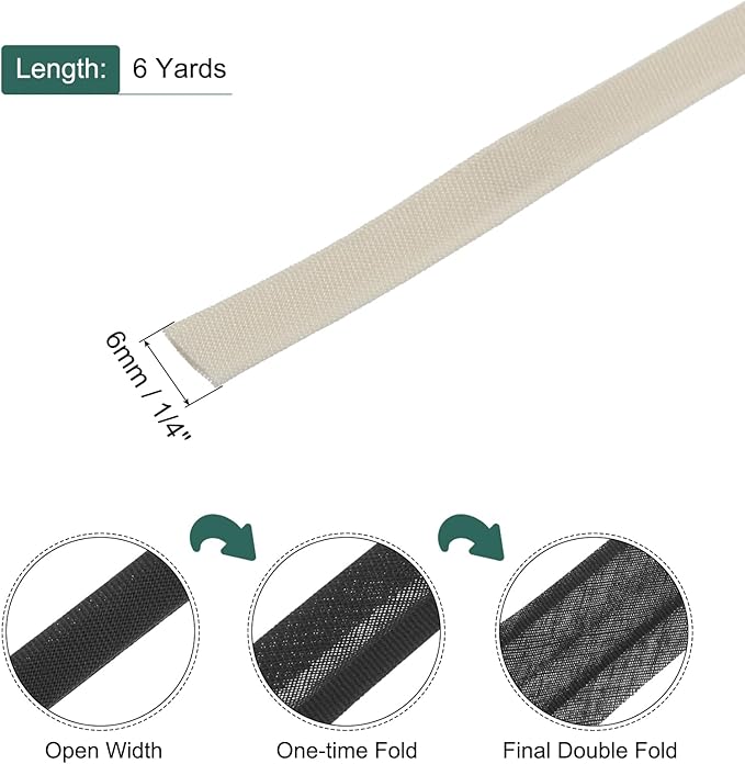MECCANIXITY 1/4 Inch Double Fold Bias Tape Cotton Continuous Bulk Bias Tape for Sewing,Seaming Quilting Hemming Binding Crafts (Light White 6 Yards)