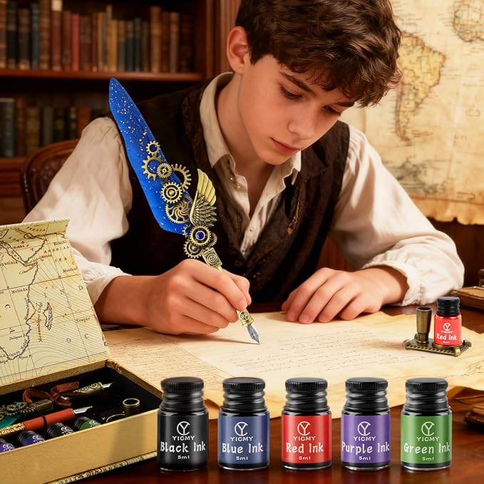 Quill Pen and Ink Set, Calligraphy set - feather quill pen, Wooden Dip Pen, 5 Color Ink, 5 Replaceable Nibs, Pen Holder,Vintage Calligraphy Pens for Beginners and Calligraphy Lovers (Blue)