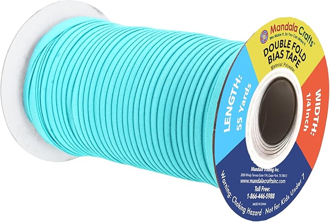 Mandala Crafts 55 Yards 1/4 Inch Turquoise Double Fold Bias Tape for Sewing - Bias Binding Tape for Quilting Binding, Hemming, Seam, and Fabric Piping