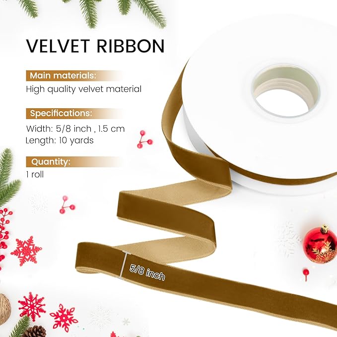 Khaki Velvet Ribbon, 5/8 inch 10 Yards Vintage Velvet Ribbons Perfect for Christmas Tree Ornaments, Gift Wrapping, Wedding Decoration, Bows, Sewing, Crafts, Wreath and More