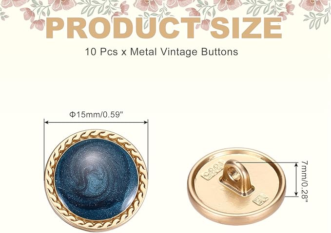 MECCANIXITY Metal Vintage Gold Button 15mm Round Metal Sewing Button Alloy Shank Replacement for Women's Suit Woolen Coat Shirt Dress Sewing Dark Blue Pack of 10
