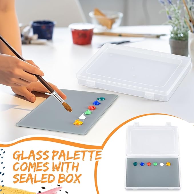 Nuanchu 2 Pcs Handy Glass Oil Paint Palette Included 10.2 x 6.8 x 1.2 Inches Airtight Stay Wet Palette Container and 9.7 x 6.3 Inches Tempered Glass, Keeps Paint Fresh, Ideal for Travel Outdoor, Grey