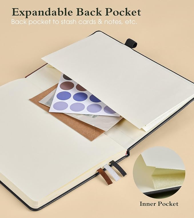 PAIBAS Graph Notebook for Women Men, 160 Pages Grid Paper, Graphing Notebooks for School, Work, Quad Ruled, Inner Pocket, A5 Hardcover Vintage Leather Journals for Writing, 5.8"x8.5" (Black)