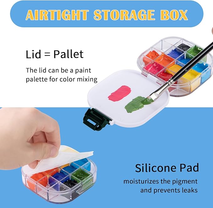 Falling in Art 16 Wells Paint Palette, Airtight Palette Storage Box with Lid and Folding Paint Brush Basin for Watercolor, Gouache and Acrylic Painting, Dark Green