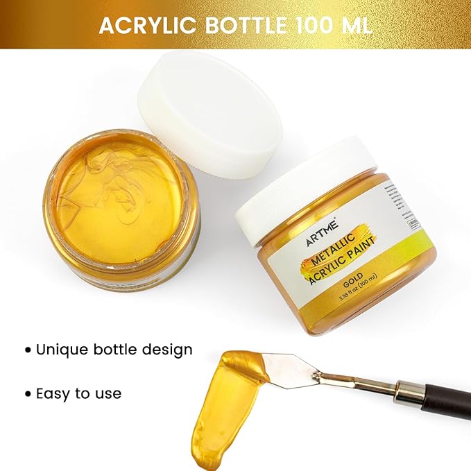ARTME Acrylic Paint Metallic Gold, 100ml Gold Leaf Paint for Art Painting, Hand-crafts, Non-Toxic, Non-Fading Gold Paints Ideal for Canvas, Wood, Fabric, Ceramic, Stone Craft Supplies