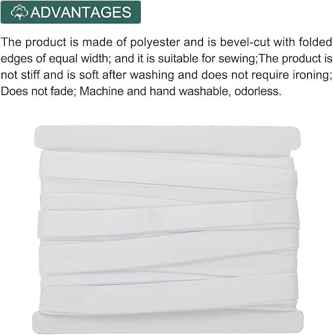 MECCANIXITY 1/2 Inch Double Fold Bias Tape Continuous Bulk Cotton Bias Tape for Sewing Seaming Quilting Hemming Binding Crafts (White 6 Yards)