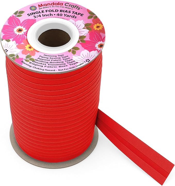 Mandala Crafts 3/4 Inch Single Fold Bias Tape for Sewing, Quilting, Piping, Hemming, Blanket & Quilt Binding – 40 Yards Red Fabric Seam Binding Tape