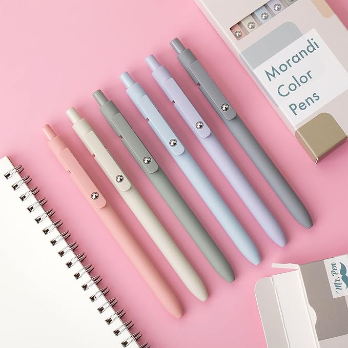 Mr. Pen - Retractable Fine Point Gel Pens, 6 Pack, Morandi Barrels, Fast Dry Black Ink, 0.5 mm Cute Aesthetic Pens for Journaling