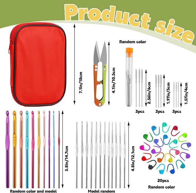 IMZAY 54 Pcs Crochet Hooks Set, Ergonomic Knitting Needles with Purple Storage Case, Stitch Marker, DIY Hand Knitting Craft Art Tools for Beginners - Red