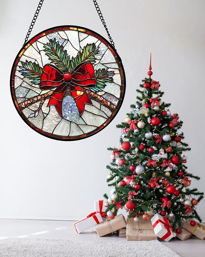 Stained Glass Window Hanging - Pine Branches Red Bow Suncatcher for Doors Home Christmas Decoration Silver Sun Catcher Thanksgiving New Year Birthday Gifts for Women Men Mom Nana 9.8 in