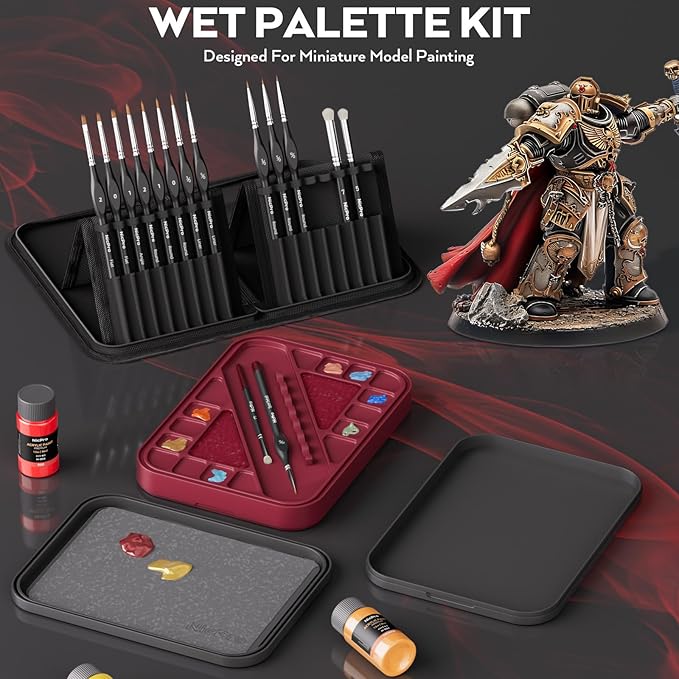Nicpro Professional Miniature Painting Kit, Stay Wet Palette & 16PCS Detail Paint Brushes Drybrush with Nylon Bag, 100PCS Pallet Paper, 4PCS Sponge, Mixing Paint Saver Palette for Miniature Model