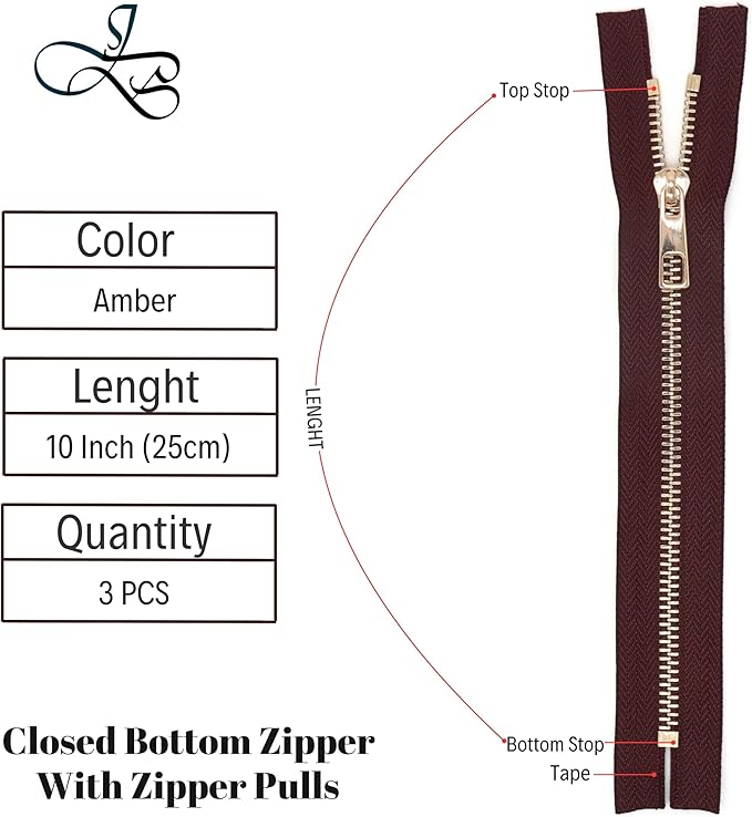 #5 Gold Metal Zipper - 50+ Colors - 3 PCS - (4-14 inches) Sizes - Luxury Lightweight Handcraft Metal Zippers with pulls for Purses Bags Pockets Shoes Sewing & Crafts DIY ZP024910