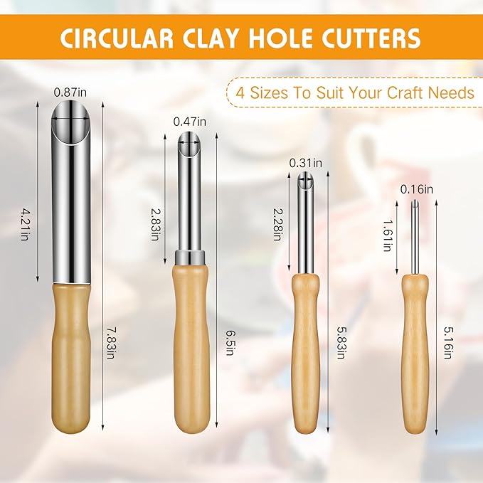 Leriton 16 Pieces Clay Hole Cutters Stainless Steel Circle Shaping Clay Tools Wooden Handle Circular Pottery Tools for Sculpture Pottery Drilling Holes Supplies, 4 Sizes