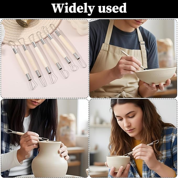 6PCS Double-Sided Clay Sculpting Tool, Wooden Handle Pottery Trimming Tool, Pottery Clay Sculpting Tools， Clay Wire Loop Sculpture Kit for Ceramic and Wax Carving