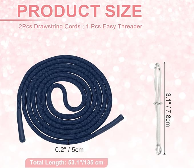 uxcell 2pcs 53inch Drawstring Cords Replacement Drawstring Hoodie String Sewing Tool with Easy Threader for Hoodie Sweatpants Jackets Pants Hats Coats Bags, Navy Blue