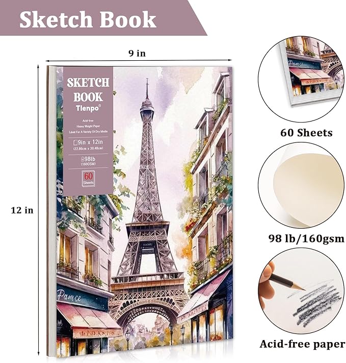 Tlenpo 9 x 12 in Glue Bound Sketch Pad, 100 Sheets 98lb/160gsm Drawing Paper, Acid-Free Drawing Paper, Art Sketchbook for Kids' Classroom, Travel, School Art Supplies