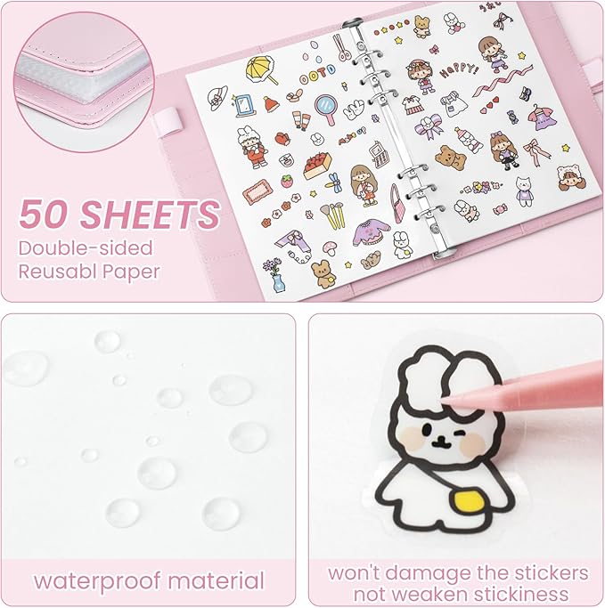 Reusable Sticker Book, A5 PU Leather Sticker Collecting Album with 100 Sides Blank Release Paper and 140 Pockets for Adult Kids Toddlers (Pink)