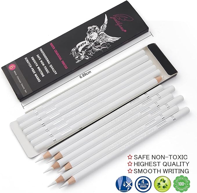 Professional White Charcoal Pencils Set - 6 Pieces Sketch Highlight White Pencils for Drawing, Sketching, Shading, Blending - Beginners & Artists