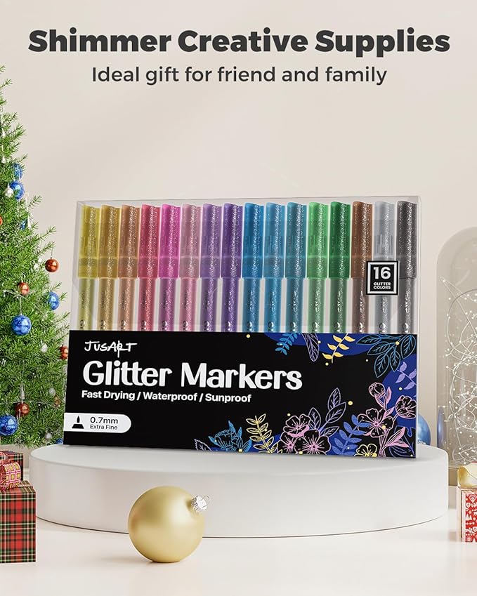 JusArt 16 Colors Glitter Markers, Glitter Paint Pens Sparkly and Shiny for DIY Card Making, Coloring, Scrapbooking, Glass, Wood, Stone, Fabric, Rock - 0.7mm Extra Fine Acrylic Paint Markers