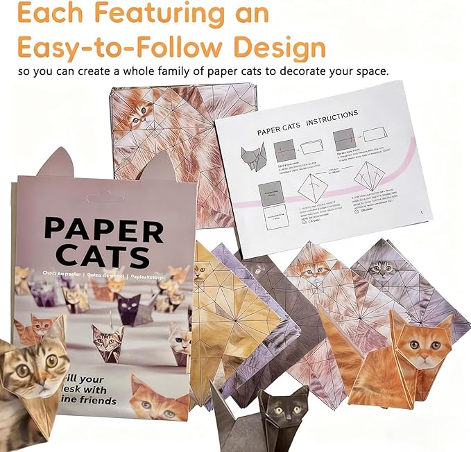 TOSKFJ Treayes 3D Cat Origami Paper, 50 Sheets DIY Craft Paper for Eveyrone, Fun Creative Art Project, Cute Desk Decor & Gift for Cat Lovers