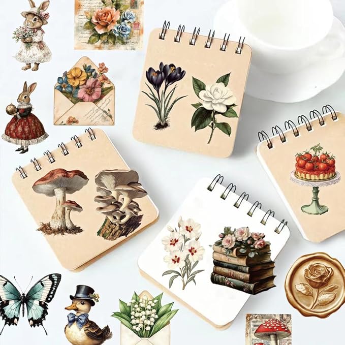 YOKSAS 50PCS Vintage Nature Mushroom Clear Scrapbook Stickers – Retro Botanical Fairycore Stickers for Journaling, Planners, Crafts, Cards & Art Projects