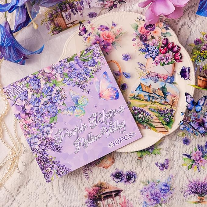 MAFELOE 30 Pages PET Scrapbook Stickers of Creative Flowers Theme, Aesthetic Deco Journaling Supplies for Junk Bullet Diary Album Calendars-Purple (Y3-P-WSSL)