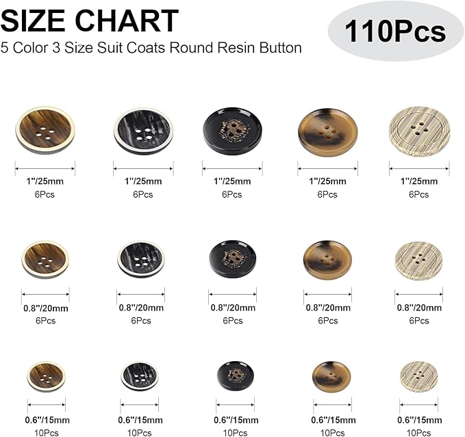 110Pcs Mixed Sewing Buttons, 4-Hole Craft Round Blazer Buttons, 5 Color 3 Size (15mm, 20mm, 25mm) Suit Coats Resin Button, Suitable for Variety Clothing Sewing, DIY Craft (Style D)