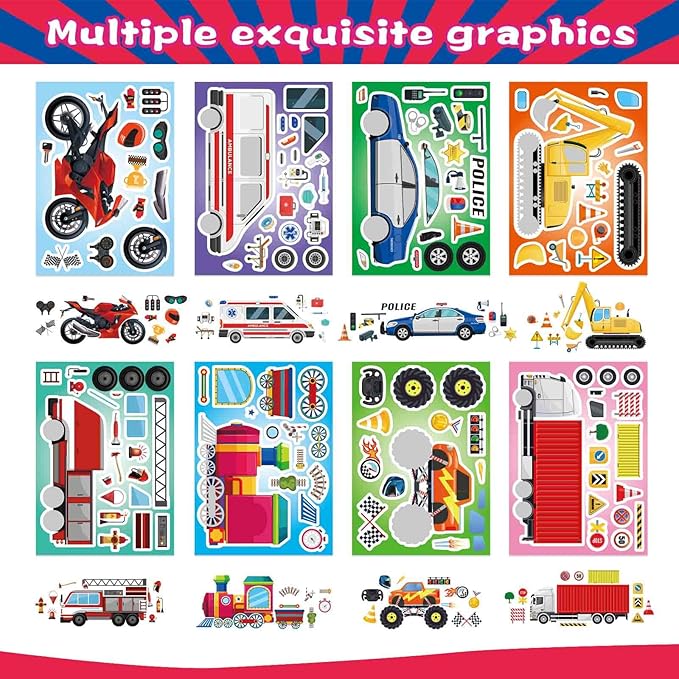 DUJAA 24 Sheets Vehicle Stickers for Kids, Make Your Own Police Car, Ambulance, Truck, Train, Motorcycles Engineering Vehicle Stickers for Toddlers, Brithday Party Supplies Classroom Teacher Reward
