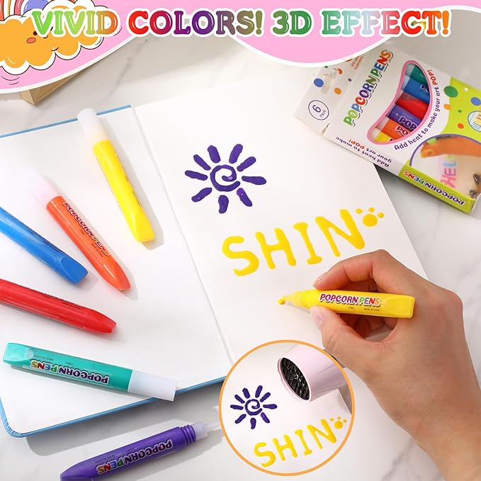 Honoson 8 Sets Magic Puffy Pens 6 color Bubble Popcorn Paint Pen 3D Art Foam Texture DIY Bubble Popcorn Drawing Markers for Christmas Kids Art Painting Supplies for Home School Birthday Gift