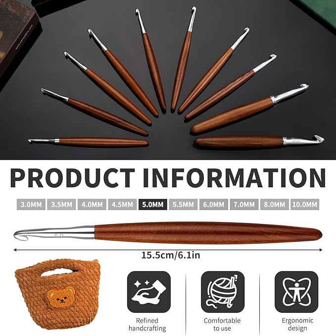 Lunarm 5mm Crochet Hook, Ergonomic Aluminum Crochet Hook with Wood Handle Available in 3mm-10mm for Arthritic Hands DIY Craft Knitting Dolls, Bouquets, Blankets, Hats, Gloves from Various Yarns