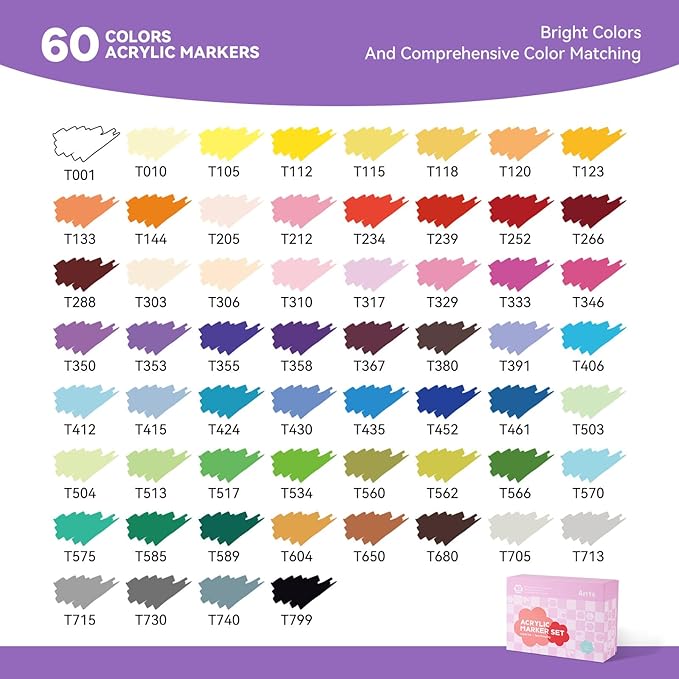 Arrtx 60 Colors Acrylic Markers - Brilliant & Vivid, Water-Based Quick-Dry Ink, Flexible Brush Tip, Waterproof After Drying, Non-Toxic, for DIY Project,Metal,Glass,Fabric,Plastic Multiple Surfaces