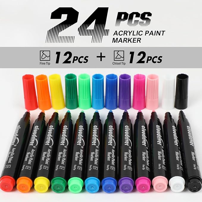 cloudriver Acrylic Paint Pens, 12 Colors Water-based Ink Markers, 24 Pack, Double Pack Of Fine and Chisel Tip Acrylic Paint Pens For Canvas, Rock Painting, Wood, Glass, Metal, Ceramic, stone