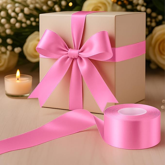 Fullive Ribbon for Gift Wrapping, 1 1/2 Inch 30 Yards Hot Pink Ribbon, Polyester Solid Ribbons for Flower Bouquet for Baby Shower Valentines Day Christmas Decorations DIY Bows Floral Arrangements