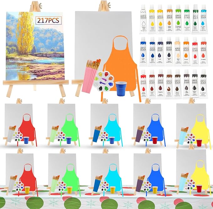 Rabbitale 217 Pcs Art Painting Kit Supplies Set for to Party - 120 Paint Brushes, 24 Acrylic Paints, 12 Wood Easels & Canvas Panels & Palettes & Aprons & Wash Pen Cup, 1 Plastic Tablecloth