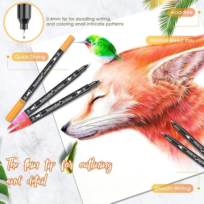 Soucolor Art Brush Markers Pens for Adult Coloring Books, 36 Colors Numbered Dual Tip (Brush and Fine Point) Marker Pen for Note taking Planner Hand Lettering Calligraphy Drawing Journaling