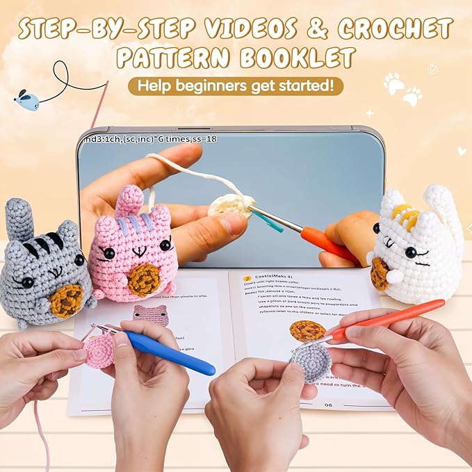 Crochetta Crochet Kit for Beginner, Crochet Starter Kit with Step-by-Step Video Tutorials, Learn Crochet Kits for Adults Women Men Complete Kit Included, 3 Packs Cookie Cat(40%+ Yarn)