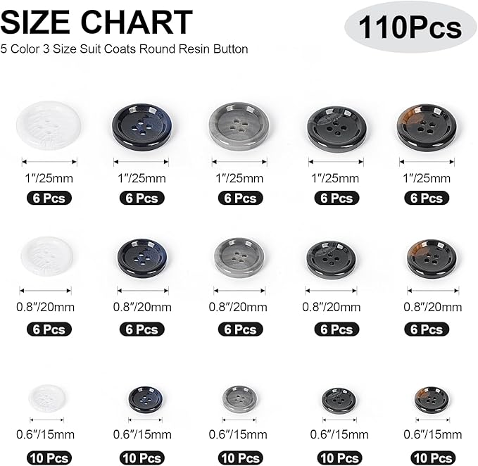 110Pcs Mixed Sewing Buttons, 4-Hole Craft Round, 5 Color 3 Size(15mm,20mm,25mm) Suit Coats Blazer Resin Button, Suitable for Variety Clothing Sewing, DIY Craft (White,Grey, Brown,Blue, Black)