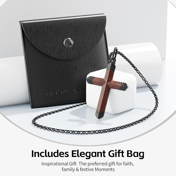 Wooden Cross Necklace for Men and Women 304L Stainless Steel Durable Snag-Free Box Chain with Reinforced Clasp Christian Jewelry Gift for Dad/Son/Husband/Loves/Friends