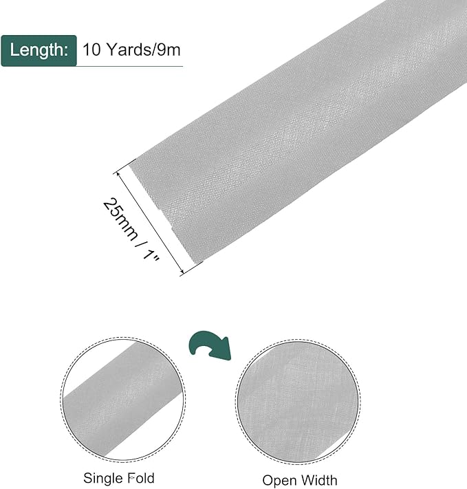 MECCANIXITY 1 Inch Single Fold Bias Tape Polyester Continuous Bulk Bias Tape for Sewing,Seaming Quilting Hemming Binding Crafts (Gray 10 Yards)