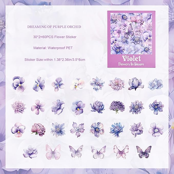 Doraking 60 Pieces Glitter Shiny Flower Stickers for Journaling, Waterproof Decorative Decal for Scrapbooking Supplies Journal Planners Art Crafts Photo Album Decor (Purple)