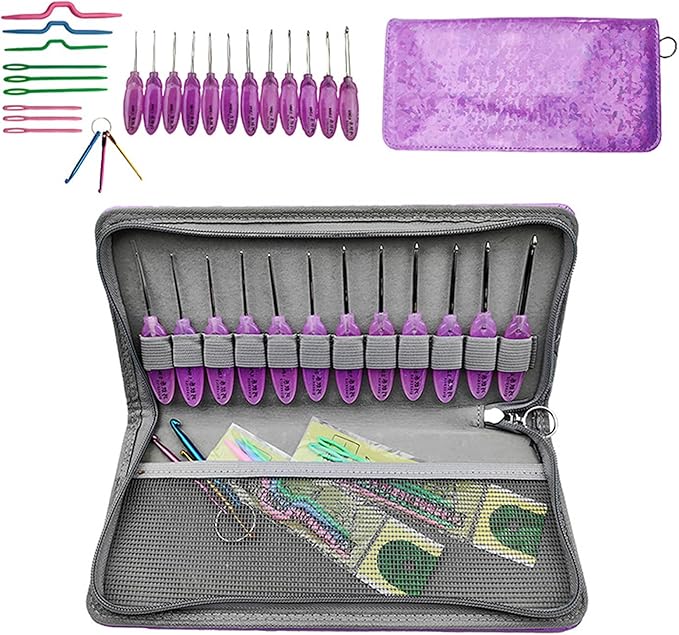 12pcs Ergonomic Resin Handle Stainless Steel Crochet Hooks 0.9mm-4.0mm Storage Bag for Crochet Needles for Big Eye Needles and Yarns