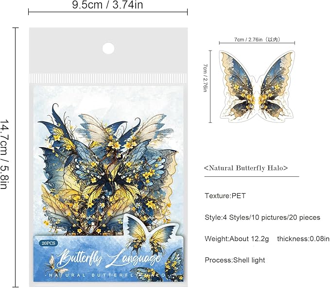 80-Piece Holographic Glitter Butterfly Art Stickers for Scrapbooking, Journaling, Resin Crafting – Waterproof Transparent Floral Fantasy Butterfly Decals