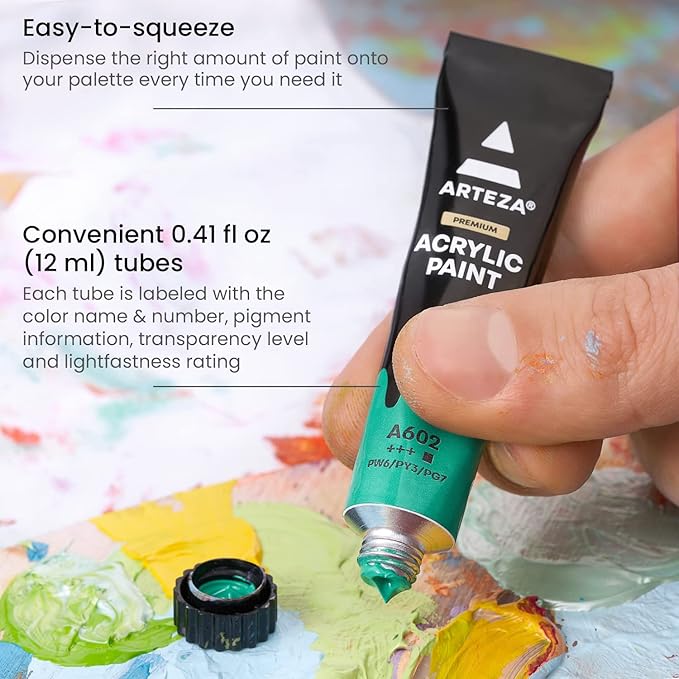 ARTEZA Acrylic Paint Set 100 Colors 0.41 fl oz High-Viscosity, Richly Pigmented Paints for Canvas, Wood & Crafts. Non-Toxic Water-Based Formula, Holiday Gift for Artists & Painters