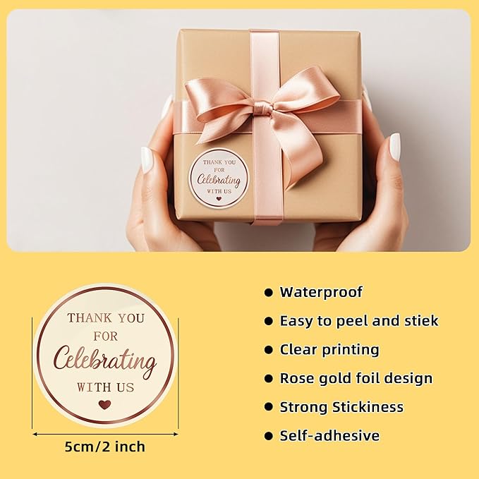 120 PCS Thank You for Celebrating with Us Stickers, 2 Inch Round Thank You Rose Gold Sticker Labels for Party Favors, Gifts, Envelopes, Weddings, Birthdays