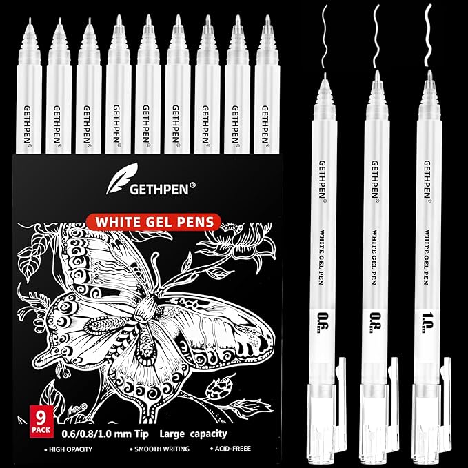 White Gel Pens,0.6mm 08mm 1.0mm Fine Point Opaque White Archival Ink Pen for Black Paper Drawing, Sketching, Illustration, Bullet Journaling, Pack of 9