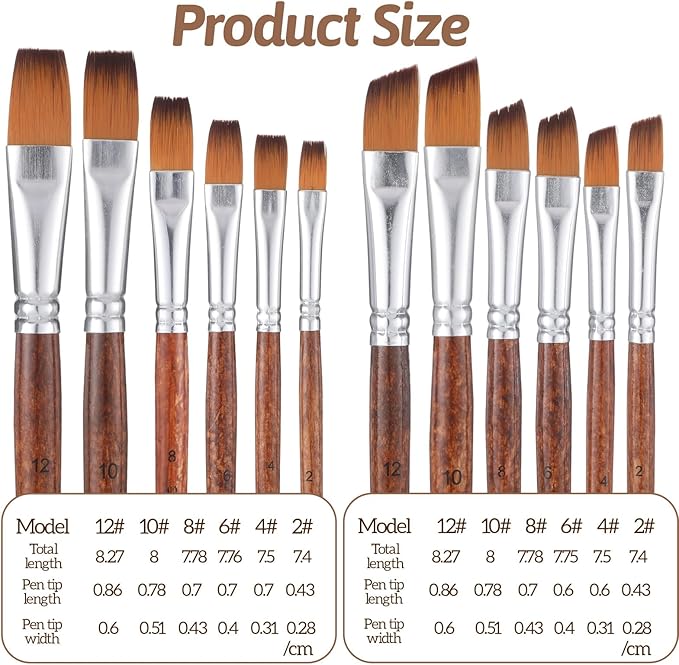 12 PCS Watercolor Brushes Professional, 6 Flat Painting Brushes and 6 Angled Paint Brush for Acrylic Paint, Different Sizes Face Painting Brush for Craft Artists Oil Gouache Beginners