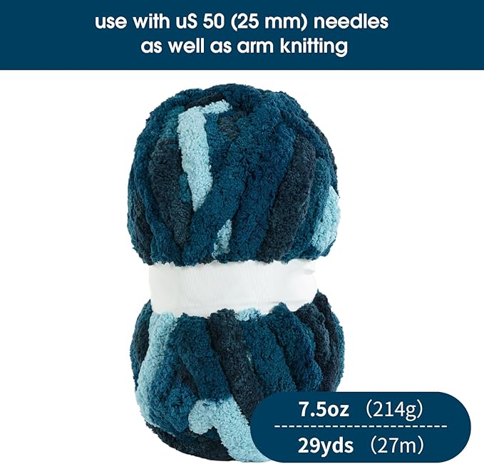 HOMBYS 8 Pack Giant Chunky Yarn for Crocheting/Hand Knitting, Super Bulky Large Soft Fluffy Tie Dye Plush Fuzzy Mixed Color Thick Chenille Yarn (Dark Blue, Blue)