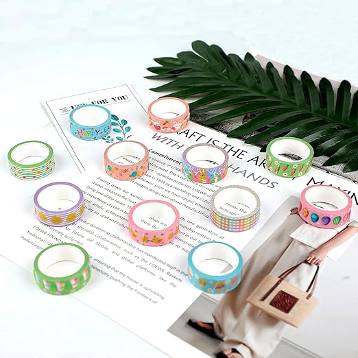 12 Rolls Happy Easter Washi Tape, Cute Animals Chicks Rabbits Farm Masking Tape, Easter Plaid Pattern Decorative Paper Stickers for Holiday Scrapbook Journal DIY Crafts Gift Packing 16.4FT