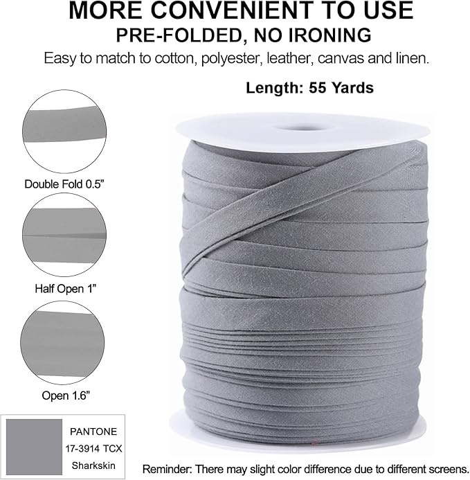 Bias Tape Double Fold 1/2 inch, Double Fold Bias Binding Tape 55 Yards (Gray) and 4 Pieces Sewing Fabric Chalks for Crafts, Sewing, Seaming, Hemming, Piping, Quilting.
