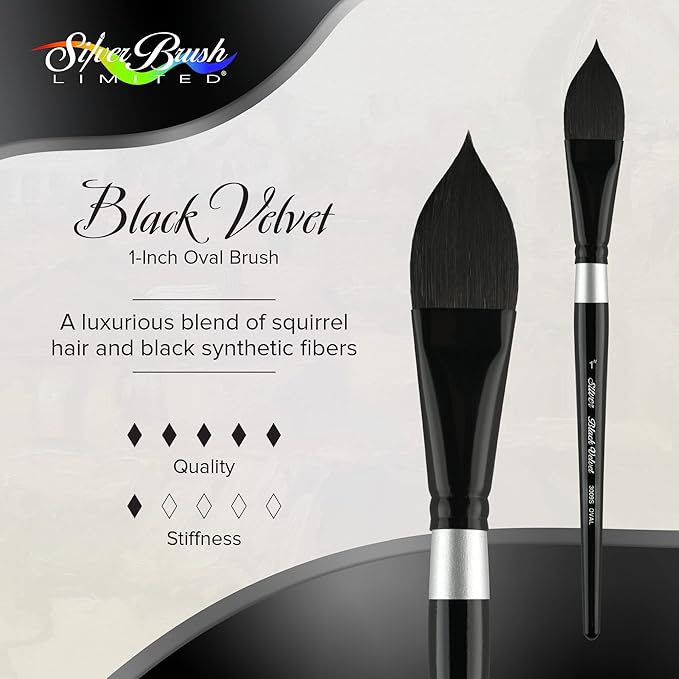 Silver Brush Limited 3009S-1 Black Velvet Oval Wash Paintbrush for Watercolor, Gouache, Inks, & Dyes, Size 1 Inch, Short Handle